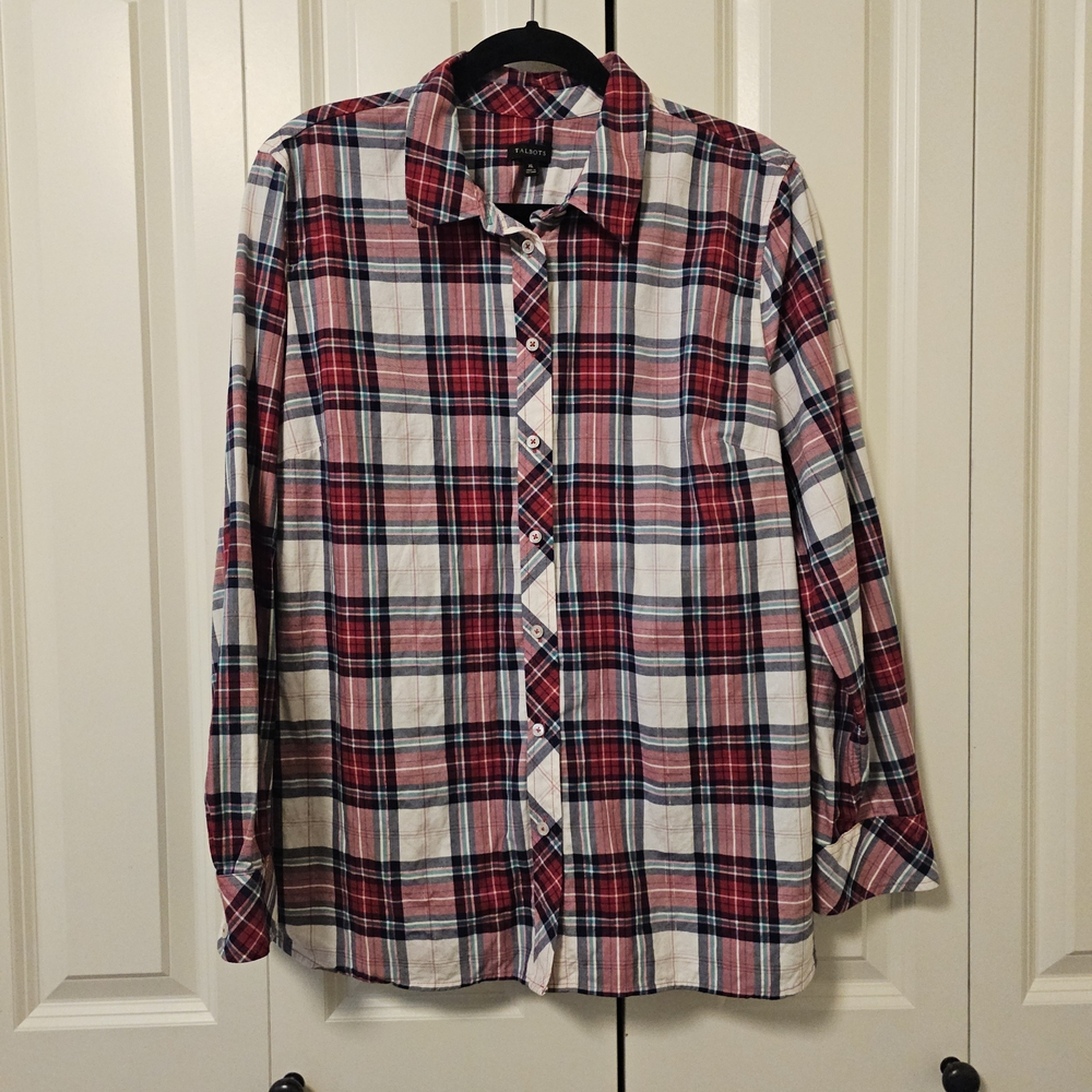 Talbots Red Blue Gold Plaid Button Down Shirt Sz XL